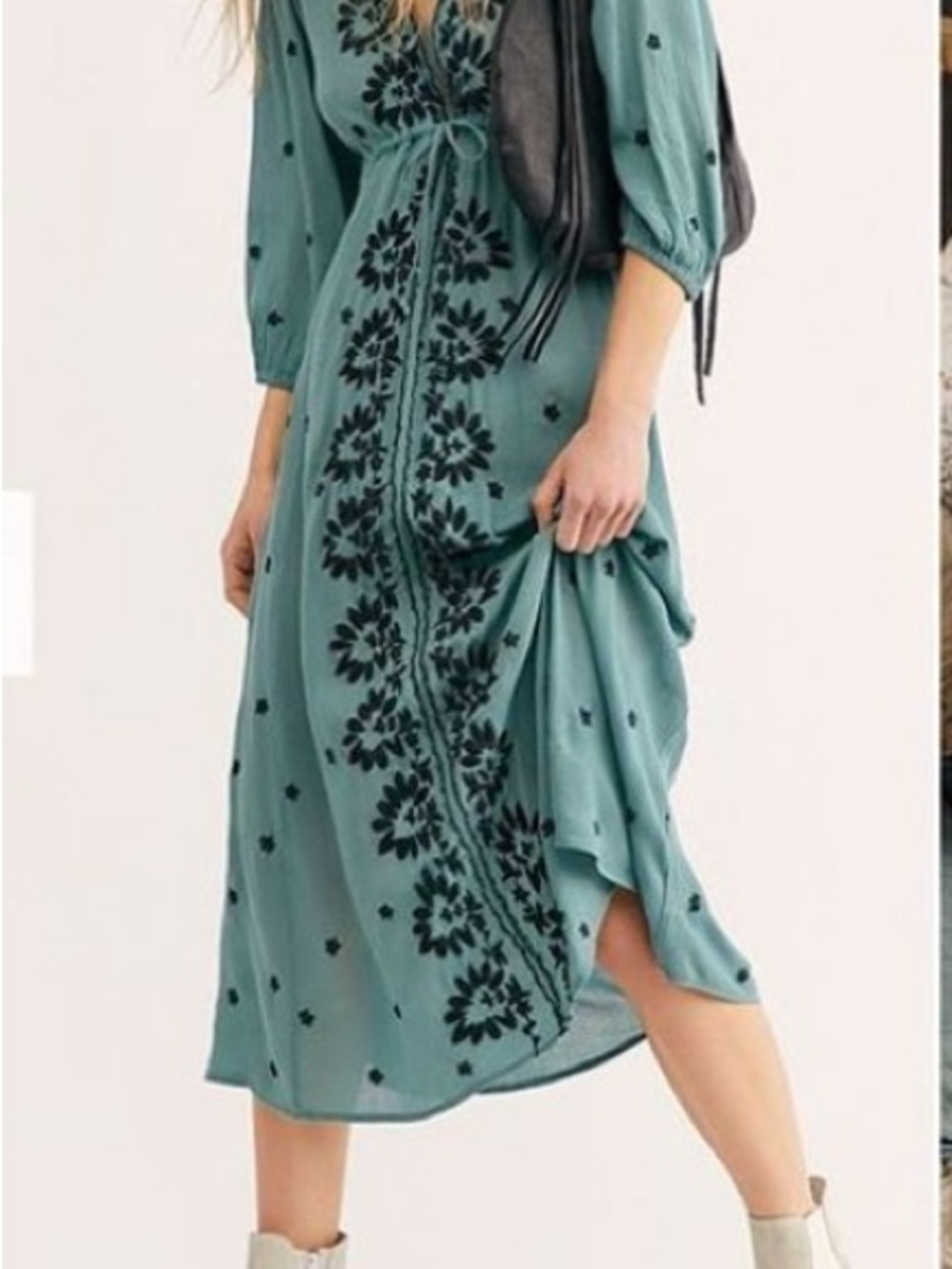 Embroidered Free People Fable midi dress. Green.